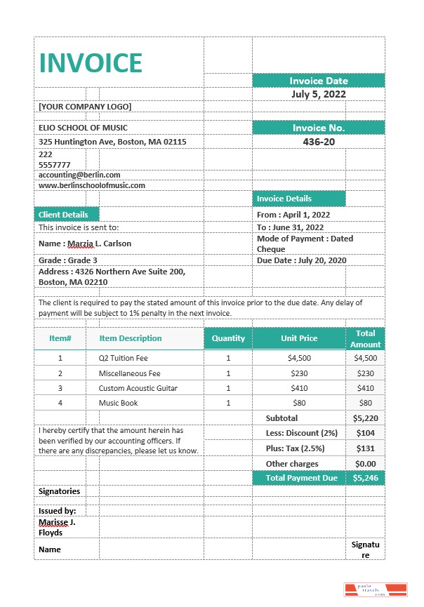 Music School Invoice Template PSD template